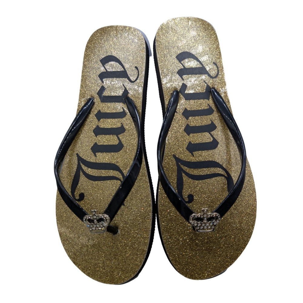 Juicy Couture Gold Glitter Flip Flops Crown Charm Sandals Women's Size 8/9 NWOT